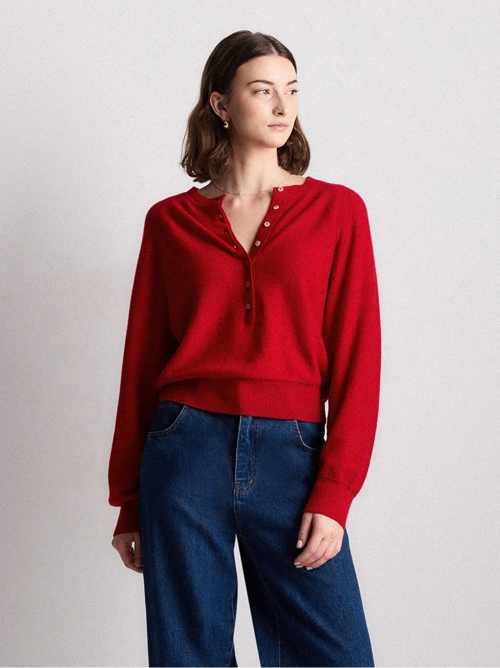 Quince 100% Mongolian Cashmere Dolman Sleeve Henley Sweater Varsity Red Medium - Picture 3 of 9